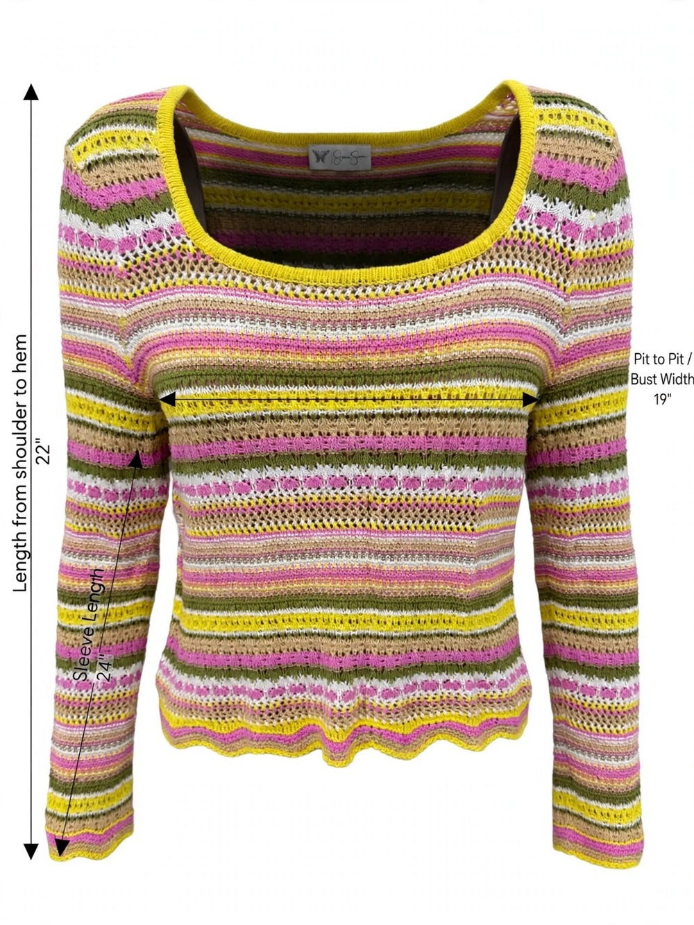 Jessica Simpson Striped Open-Knit Scoop Neck Sweater - Pink/Yellow/Green - Picture 3 of 4